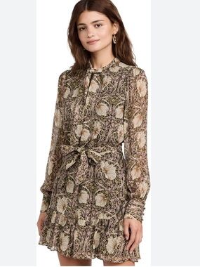 PAIGE & Morris & Co Silk Vittoria Warm Suede/Tan Button-down Floral Dress | S